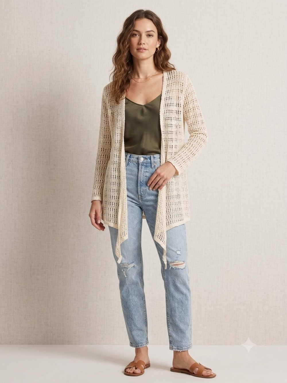 Dress Barn Open-Weave Cream Draped Cardigan